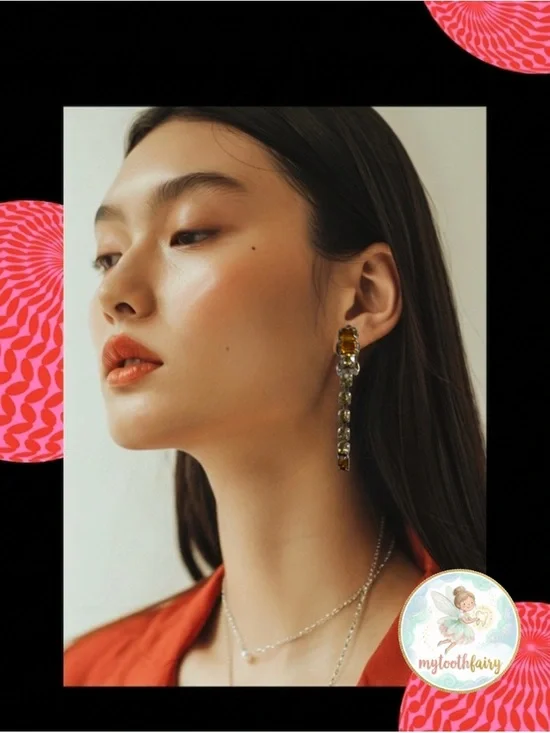 Vintage Amber & Clear crystal Rhinestone Clip-On Drop Earrings + Velvet Gift Bag - Picture 11 of 12